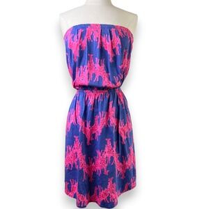 Lilly Pulitzer Dress Small Pink Blue Giraffe Strapless Tube Top Pima Cotton Mini